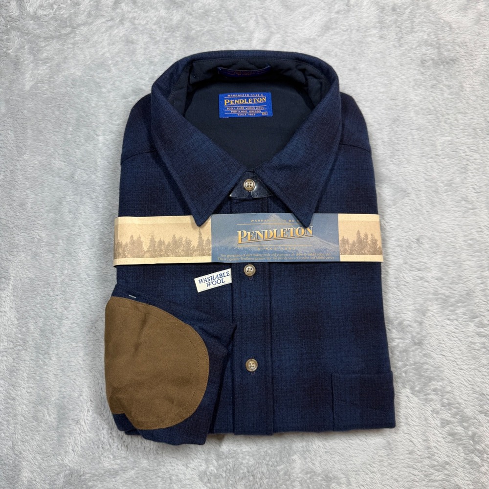 Pendleton Elbow Patch Shirt Mens XL Navy Washable Pure Virgin Wool Flannel Y2K